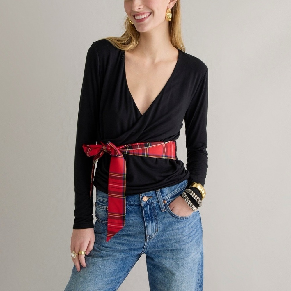 NWT j crew form knit black Wrap Top with festive Red Plaid tartan Accent size M